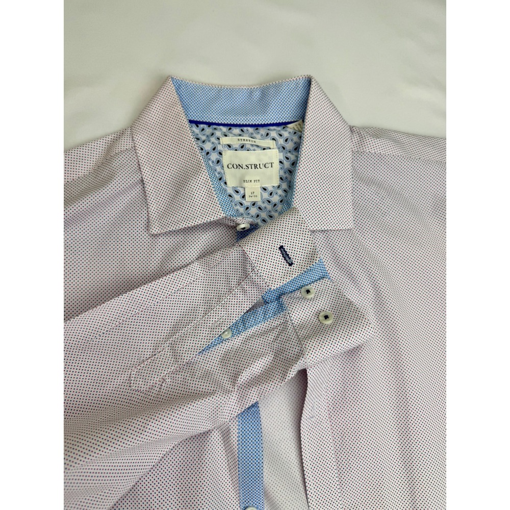 Con.Struct Slim Fit Dress Shirt Mens 17 34-35 White Red Blue Micro Dot Stretch